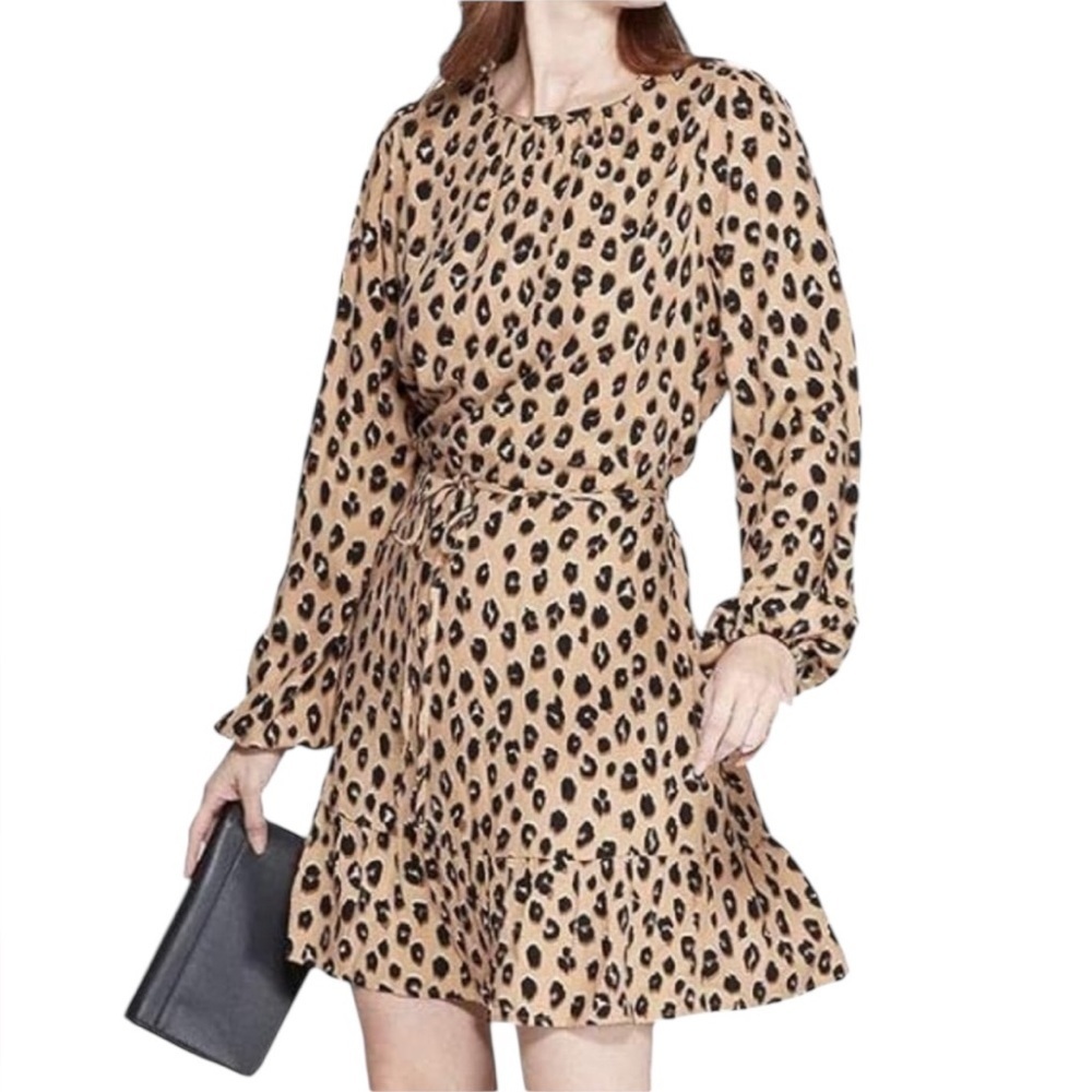 A New Day Women’s Tan Leopard Print Long Sleeve Dress Medium NWT